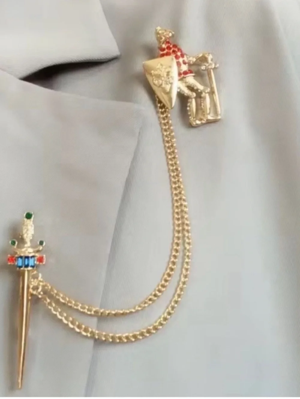 Gold Knight and Sword Chain Brooch